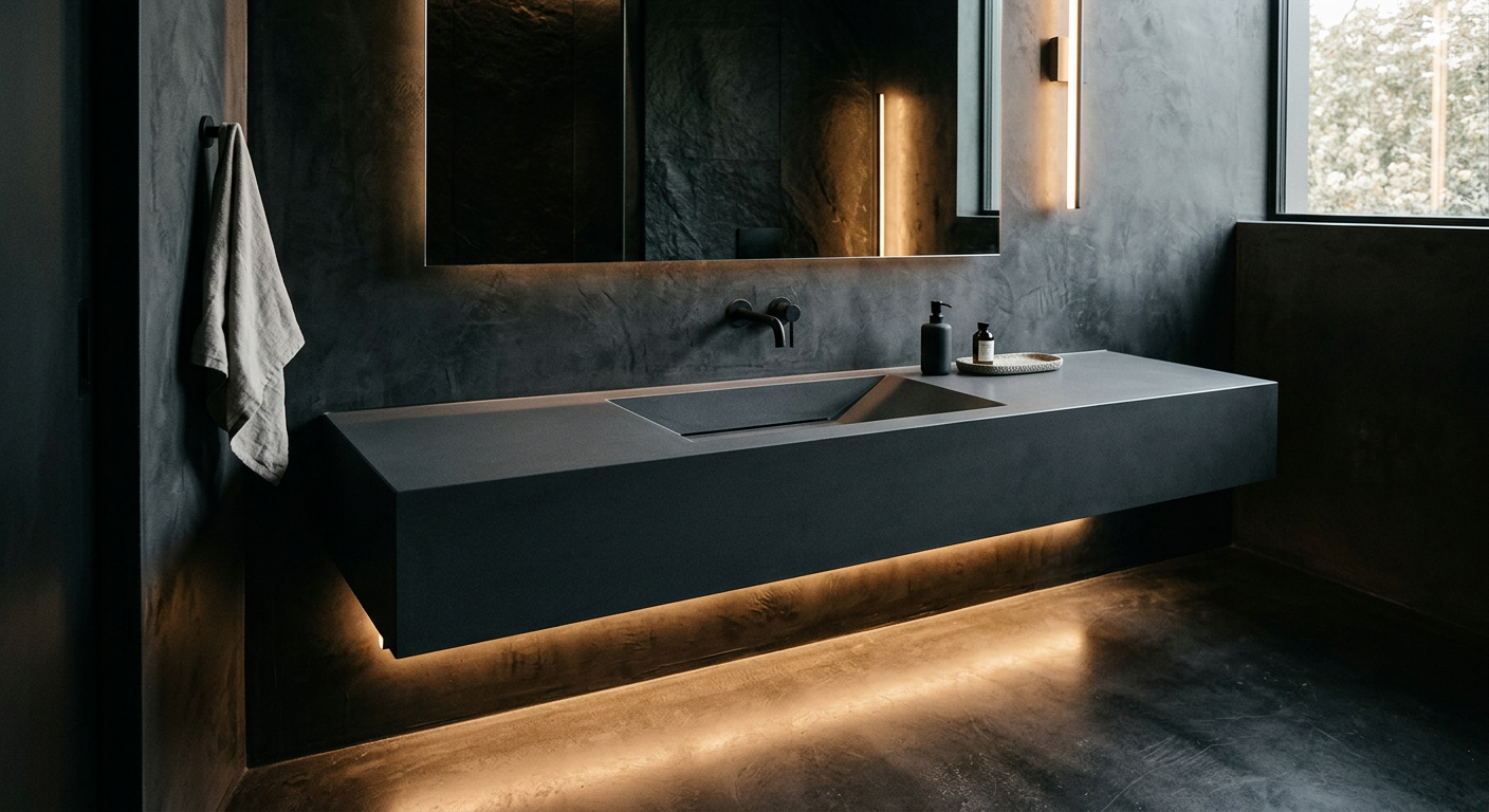 Contemporary Corian vanity, floating charcoal unit with sloped integrated basin