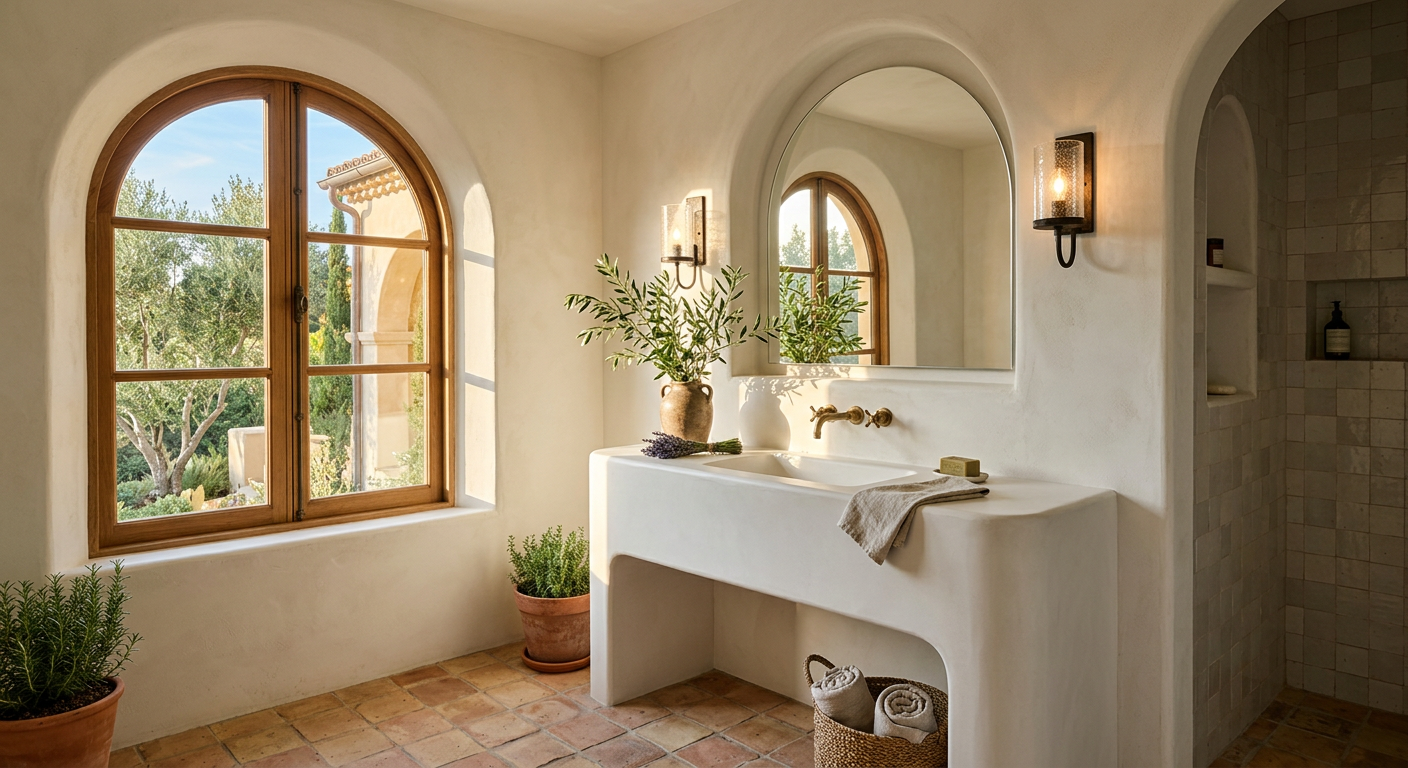 Mediterranean Corian vanity, curved form with integrated basin and terracotta floor