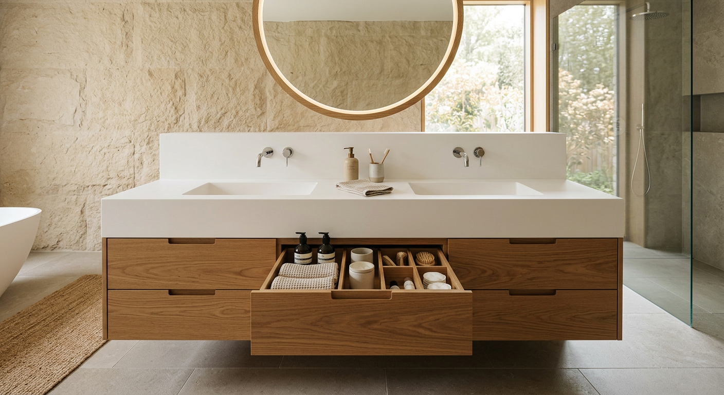 Storage Corian vanity, double integrated basin with deep drawers, master bathroom