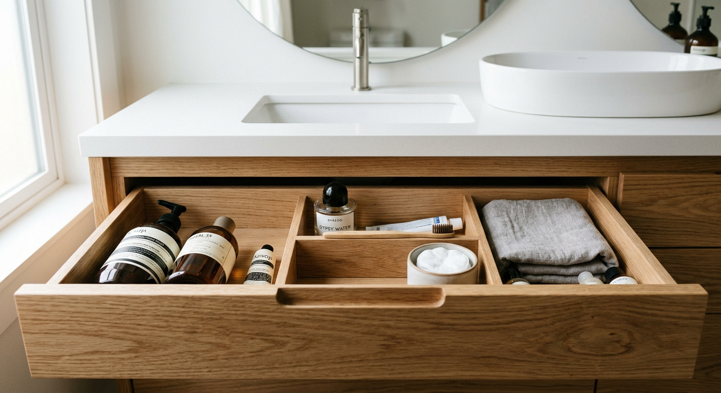 Storage Corian vanity, deep drawers