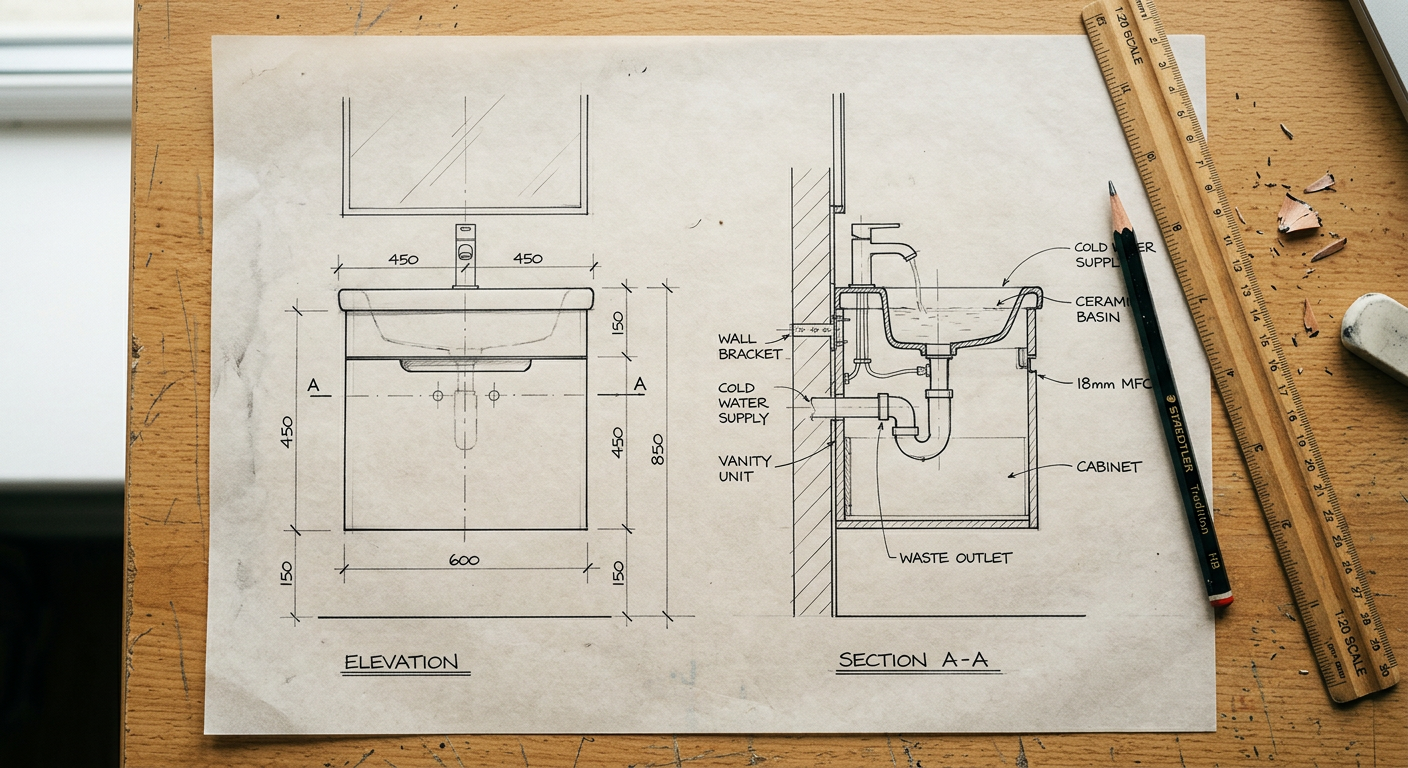 Storage Corian vanity, design sketch