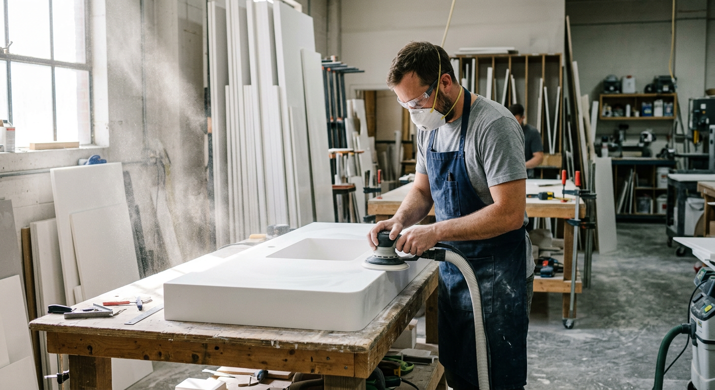 Corian vanity fabrication in the Corian ETC workshop, Lahore