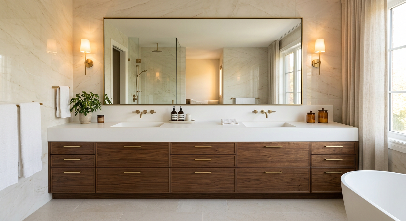 Storage Corian vanity, double basin
