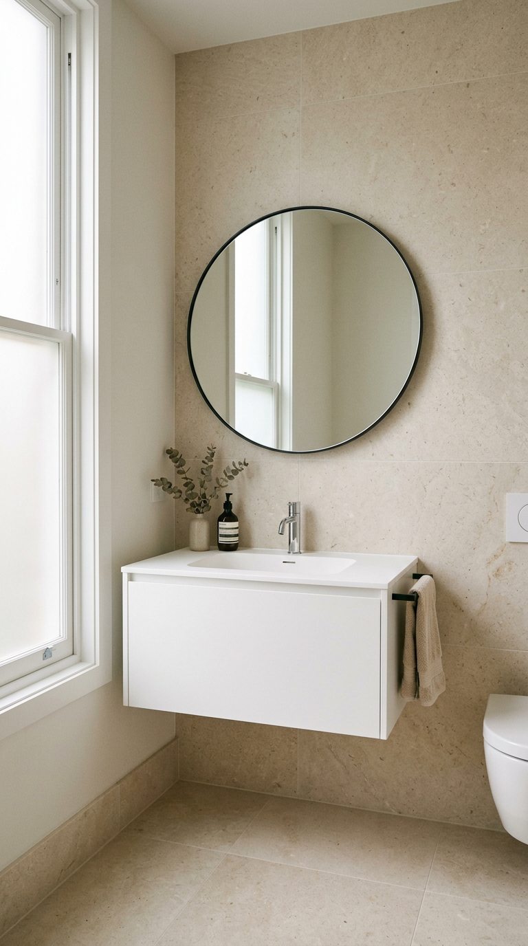 Essential Corian vanity, integrated basin